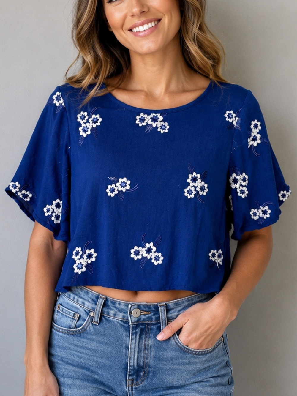 Caution To The Wind Floral Embroidered Crop Top Blue Boho Short Sleeve Blouse M